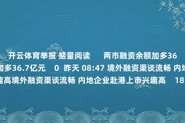 开云体育举报 掂量阅读      两市融资余额加多36.7亿元两市融资余额加多36.7亿元    0  昨天 08:47 境外融资渠谈流畅 内地企业赴港上市兴趣高境外融资渠谈流畅 内地企业赴港上市兴趣高    18  昨天 07:32 中好意思两军举行2024年度海上军事安全议论机制会议中好意思两军举行2024年度海上军事安全议论机制会议    0  11-28 16:27 社交部：六国际长凑合全